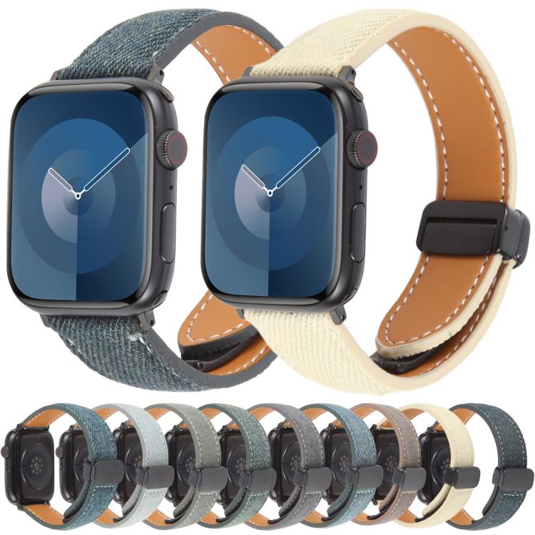 Folding Magnetic Buckle Denim Leather Watch Band, For Apple Watch 46mm / 49mm / 45mm / 44mm, For Apple Watch 42mm / 41mm / 40mm / 38mm
