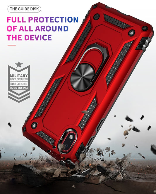 Impact-resistant hybrid case with swivel stand grip for LG Q61 smartphone