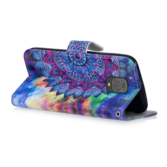 Xiaomi Redmi Note 9 Pro phone secured in patterned leather case with kickstand position