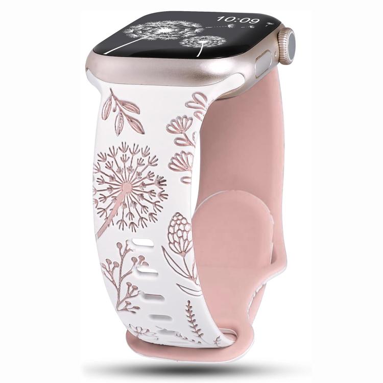 Two Color Dandelion Engraved Silicone Watch Band, For Apple Watch 46mm / 49mm / 45mm / 44mm, For Apple Watch 42mm / 41mm / 40mm / 38mm