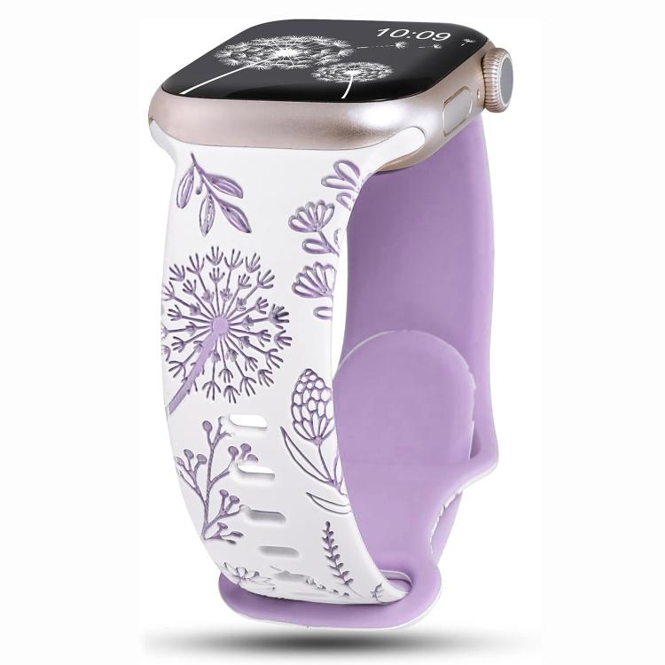 Two Color Dandelion Engraved Silicone Watch Band, For Apple Watch 46mm / 49mm / 45mm / 44mm, For Apple Watch 42mm / 41mm / 40mm / 38mm