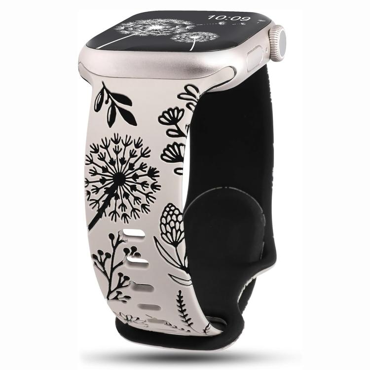 Two Color Dandelion Engraved Silicone Watch Band, For Apple Watch 46mm / 49mm / 45mm / 44mm, For Apple Watch 42mm / 41mm / 40mm / 38mm