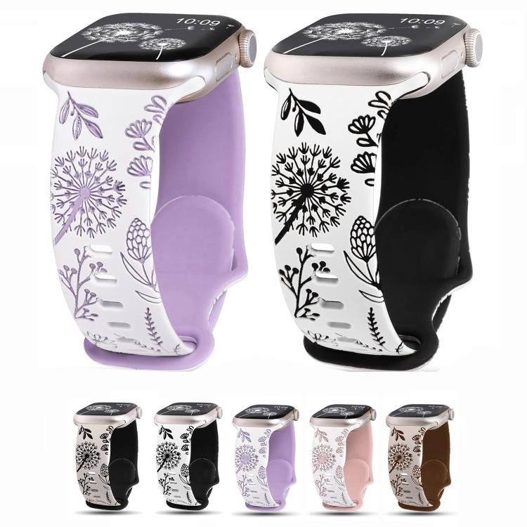 Two Color Dandelion Engraved Silicone Watch Band, For Apple Watch 46mm / 49mm / 45mm / 44mm, For Apple Watch 42mm / 41mm / 40mm / 38mm