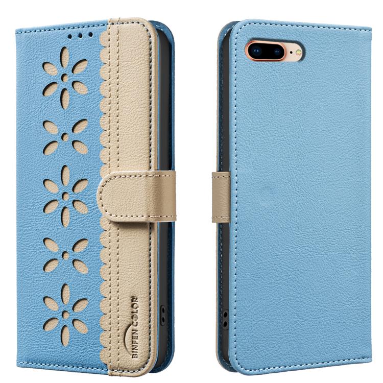 Splicing Color Hollow Flower Pattern RFID Leather Phone Case, For iPhone XS Max, For iPhone 6 Plus / 7 Plus / 8 Plus, For iPhone 6 / 7 / 8