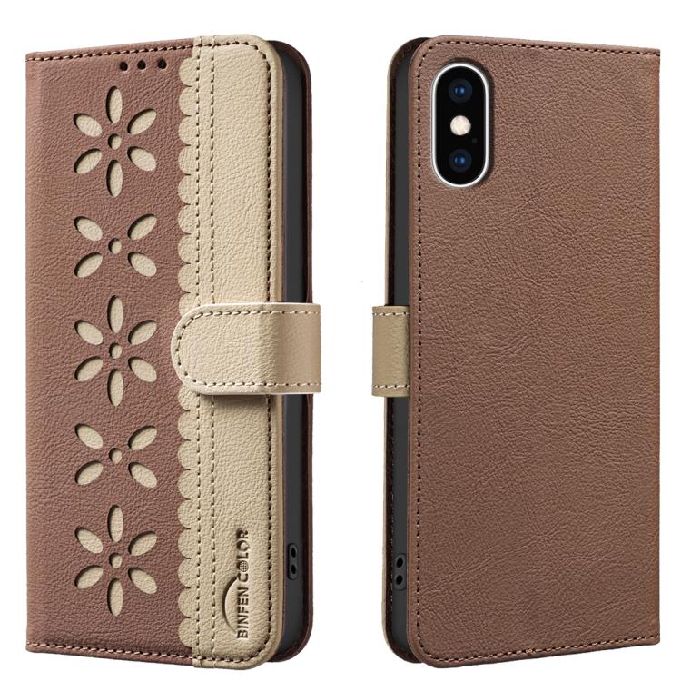 Splicing Color Hollow Flower Pattern RFID Leather Phone Case, For iPhone XS Max, For iPhone 6 Plus / 7 Plus / 8 Plus, For iPhone 6 / 7 / 8