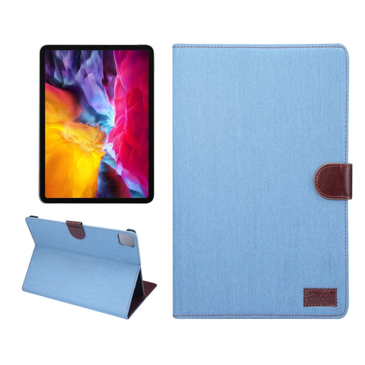 Étui de protection horizontal en cuir texturé denim pour iPad Air 2022/2020 10.9, avec support, emplacements pour cartes, portefeuille, cadre photo et fonction veille/réveil.