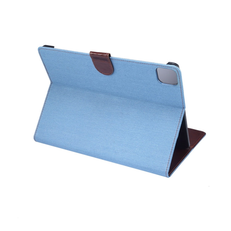Étui de protection horizontal en cuir texturé denim pour iPad Air 2022/2020 10.9, avec support, emplacements pour cartes, portefeuille, cadre photo et fonction veille/réveil.