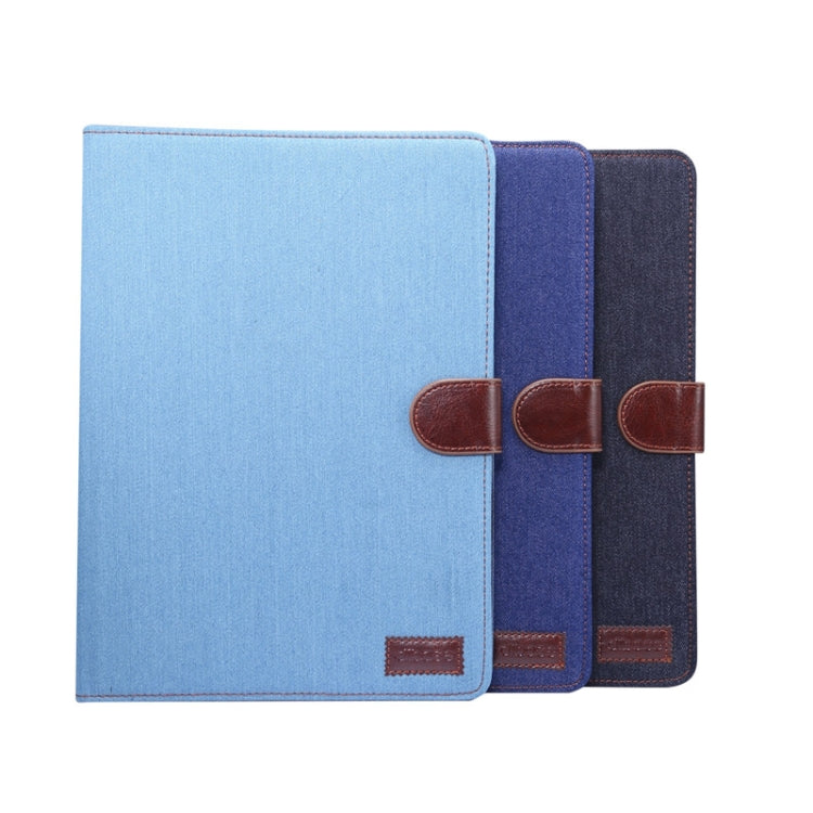 Étui de protection horizontal en cuir texturé denim pour iPad Air 2022/2020 10.9, avec support, emplacements pour cartes, portefeuille, cadre photo et fonction veille/réveil.