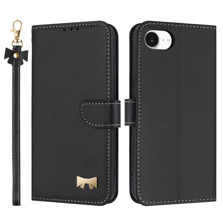 Metal Bow Leather Phone Case with Hand Strap, For iPhone 16e, For iPhone 16 Pro Max, For iPhone 16 Pro, For iPhone 16 Plus