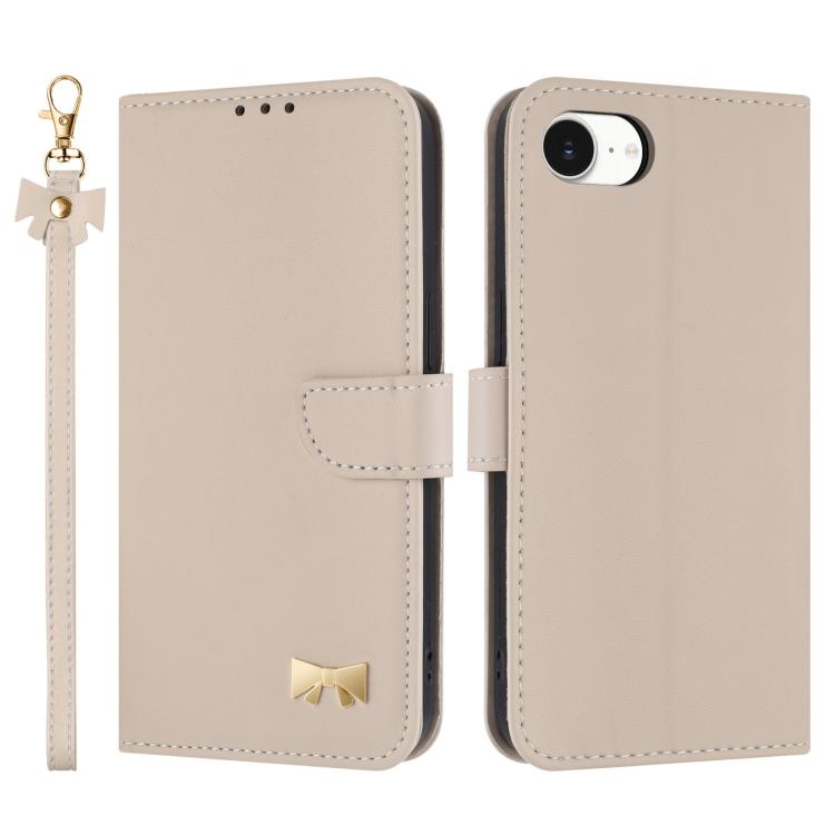 Metal Bow Leather Phone Case with Hand Strap, For iPhone 16e, For iPhone 16 Pro Max, For iPhone 16 Pro, For iPhone 16 Plus