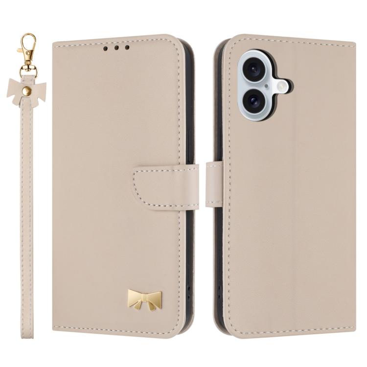 Metal Bow Leather Phone Case with Hand Strap, For iPhone 16e, For iPhone 16 Pro Max, For iPhone 16 Pro, For iPhone 16 Plus