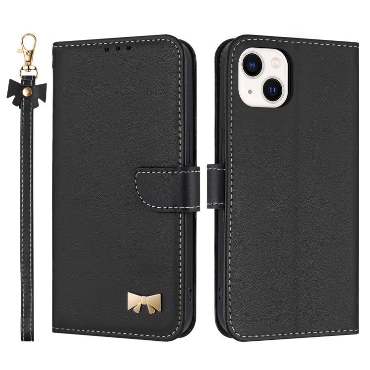 Metal Bow Leather Phone Case with Hand Strap, For iPhone 16, For iPhone 15 Pro Max, For iPhone 15 Pro, For iPhone 15 Plus / 14 Plus