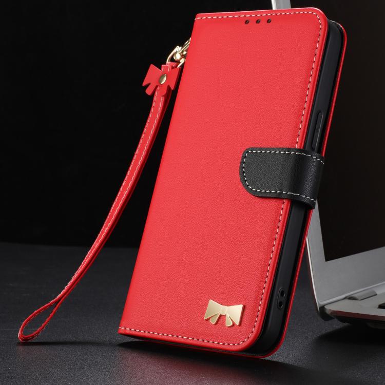 Metal Bow Leather Phone Case with Hand Strap, For iPhone 15, For iPhone 14 / 13, For iPhone 14 Pro, For iPhone 14 Pro Max
