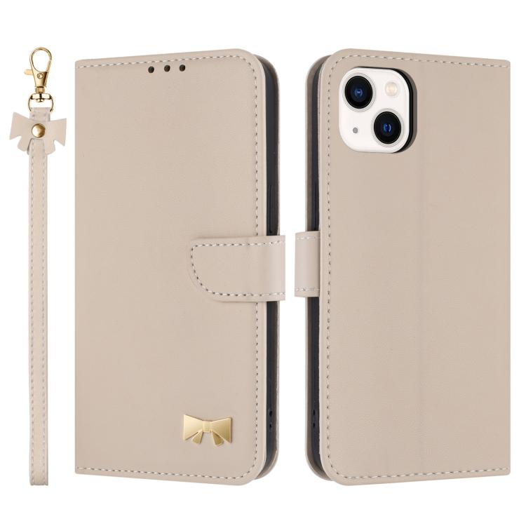 Metal Bow Leather Phone Case with Hand Strap, For iPhone 15, For iPhone 14 / 13, For iPhone 14 Pro, For iPhone 14 Pro Max
