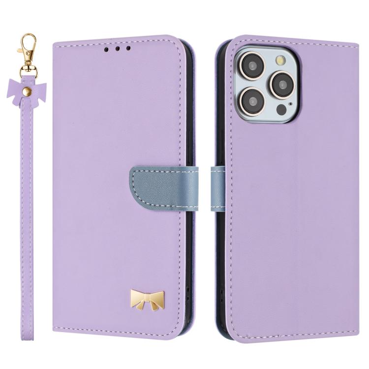Metal Bow Leather Phone Case with Hand Strap, For iPhone 15, For iPhone 14 / 13, For iPhone 14 Pro, For iPhone 14 Pro Max