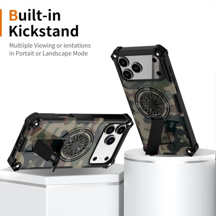 Camouflage Kickstand Rotating Shaft MagSafe Phone Case, For iPhone 16 Pro Max, For iPhone 16 Pro, For iPhone 16 Plus