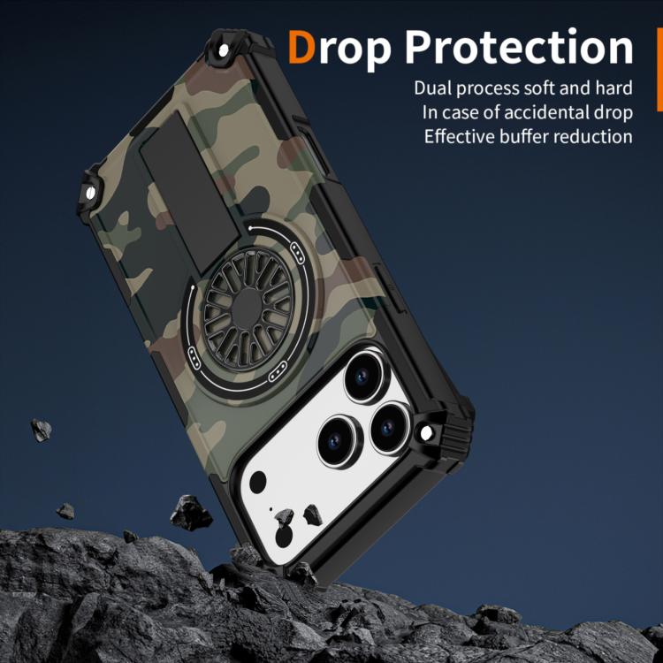 Camouflage Kickstand Rotating Shaft MagSafe Phone Case, For iPhone 16 Pro Max, For iPhone 16 Pro, For iPhone 16 Plus