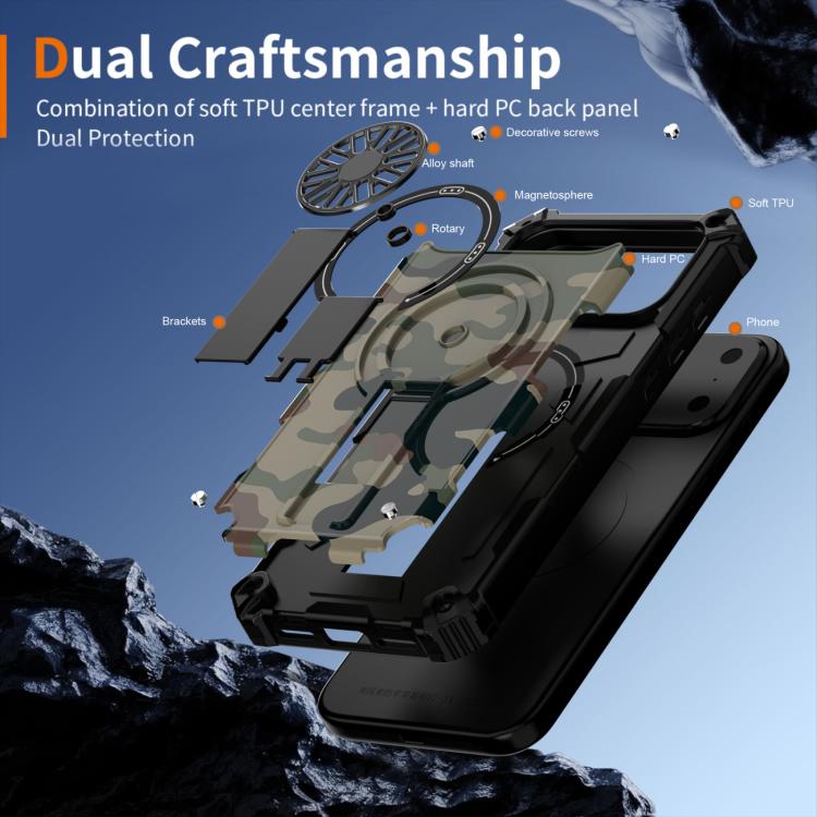 Camouflage Kickstand Rotating Shaft MagSafe Phone Case, For iPhone 16 Pro Max, For iPhone 16 Pro, For iPhone 16 Plus