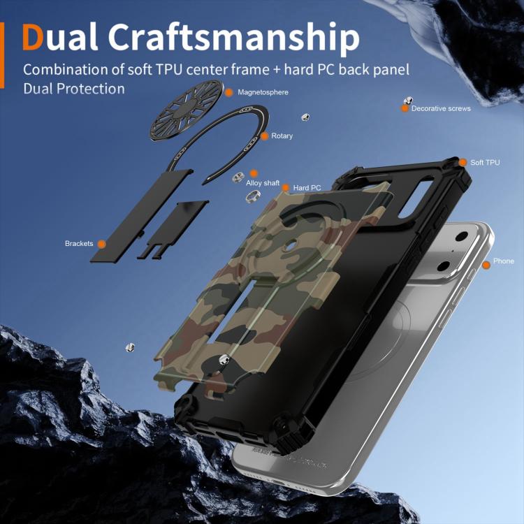 Camouflage Kickstand Rotating Shaft MagSafe Phone Case, For iPhone 15 Plus, For iPhone 15, For iPhone 14 Plus