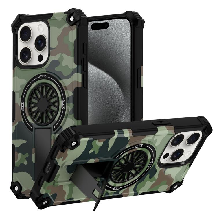 Camouflage Kickstand Rotating Shaft MagSafe Phone Case, For iPhone 15 Plus, For iPhone 15, For iPhone 14 Plus