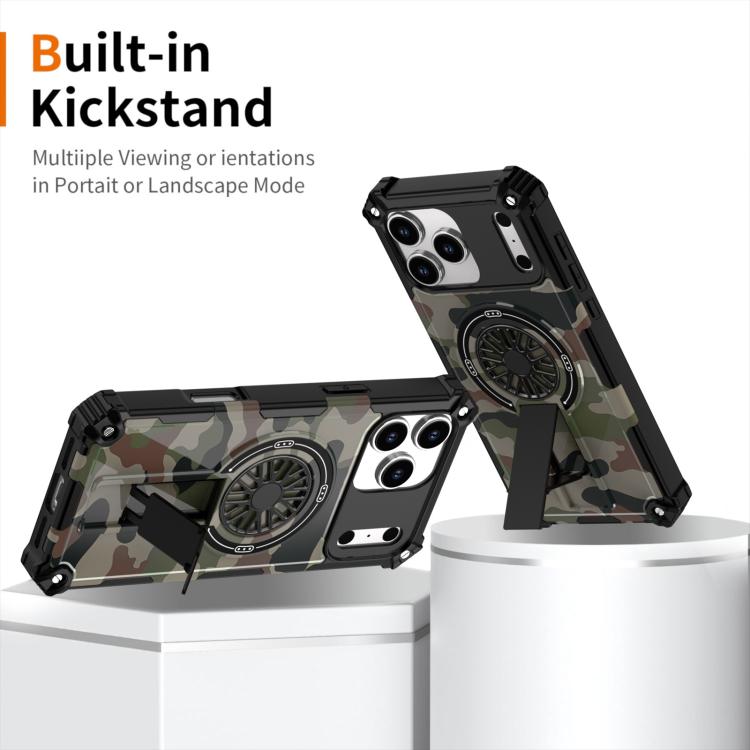 Camouflage Kickstand Rotating Shaft MagSafe Phone Case, For iPhone 15 Plus, For iPhone 15, For iPhone 14 Plus