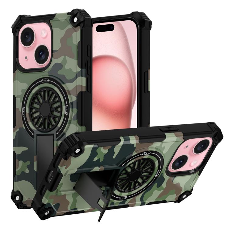 Camouflage Kickstand Rotating Shaft MagSafe Phone Case, For iPhone 15 Plus, For iPhone 15, For iPhone 14 Plus