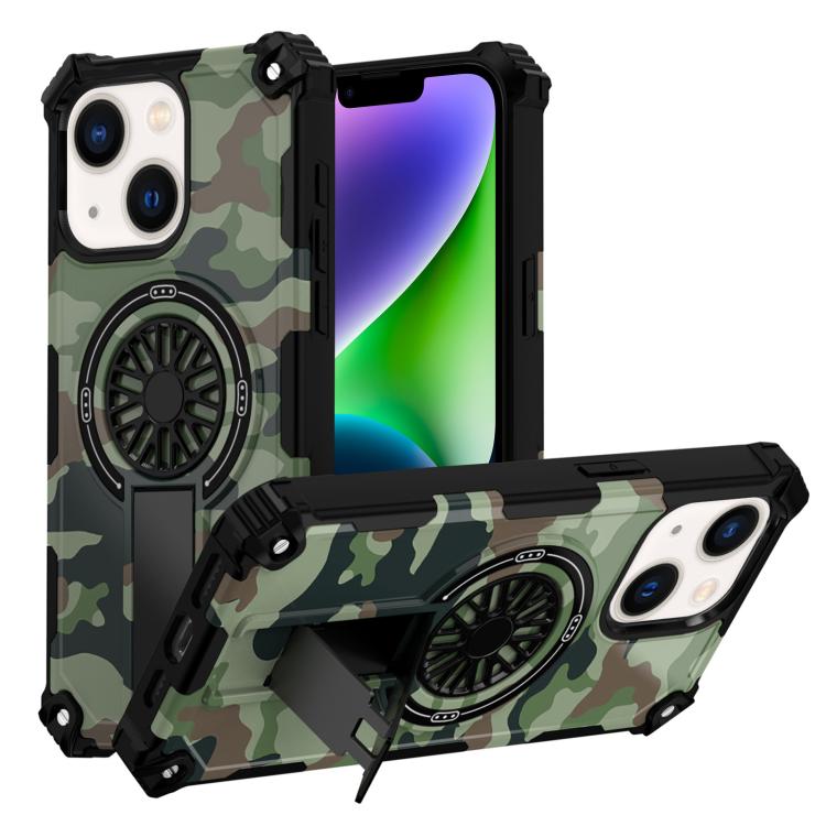 Camouflage Kickstand Rotating Shaft MagSafe Phone Case, For iPhone 15 Plus, For iPhone 15, For iPhone 14 Plus