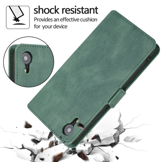 Hand holding open leather case displaying photo frame window feature