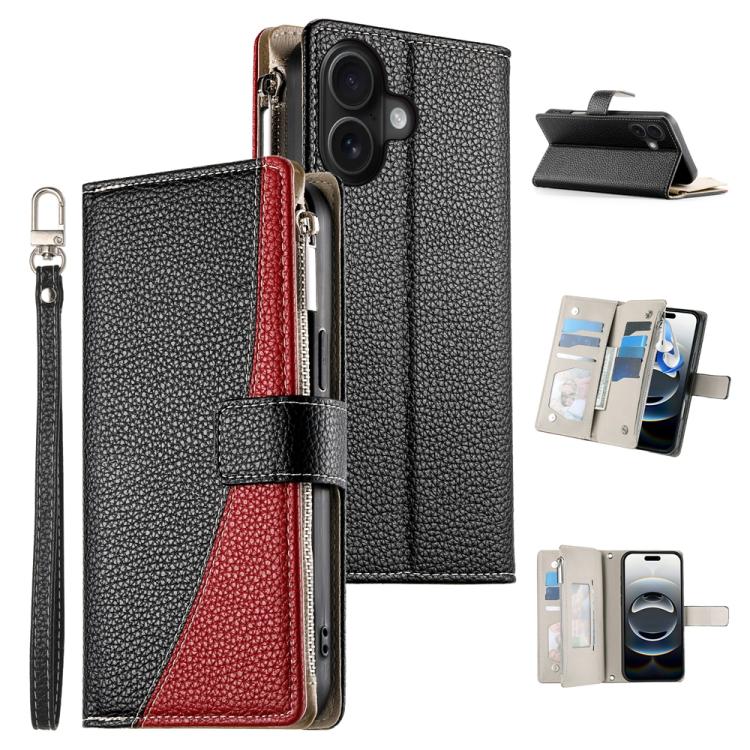 Stitching Multi-card Zipper Wallet Leather Phone Case with Short Strap, For iPhone 16, For iPhone 15 Pro Max, For iPhone 15 Pro, For iPhone 15 Plus