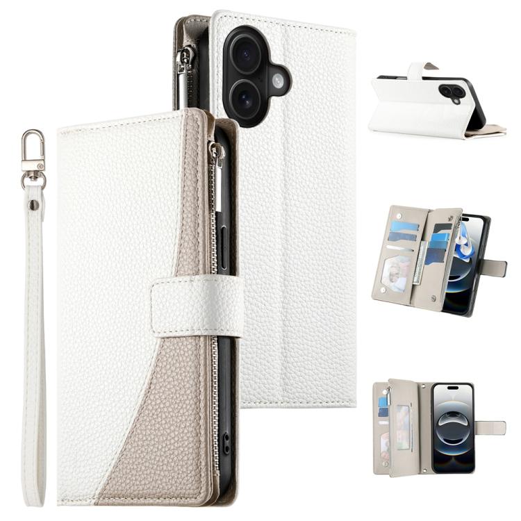 Stitching Multi-card Zipper Wallet Leather Phone Case with Short Strap, For iPhone 16, For iPhone 15 Pro Max, For iPhone 15 Pro, For iPhone 15 Plus