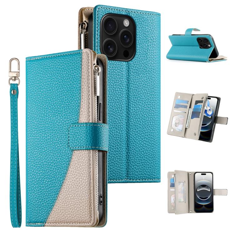 Stitching Multi-card Zipper Wallet Leather Phone Case with Short Strap, For iPhone 16e, For iPhone 16 Pro Max, For iPhone 16 Pro, For iPhone 16 Plus