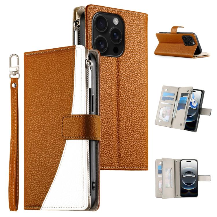 Stitching Multi-card Zipper Wallet Leather Phone Case with Short Strap, For iPhone 16e, For iPhone 16 Pro Max, For iPhone 16 Pro, For iPhone 16 Plus