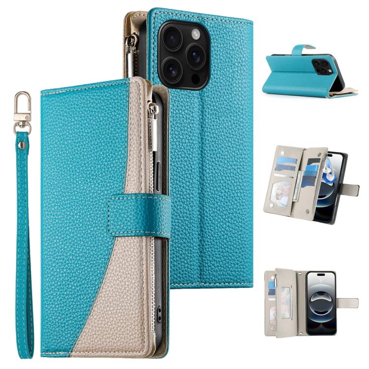 Stitching Multi-card Zipper Wallet Leather Phone Case with Short Strap, For iPhone 16e, For iPhone 16 Pro Max, For iPhone 16 Pro, For iPhone 16 Plus