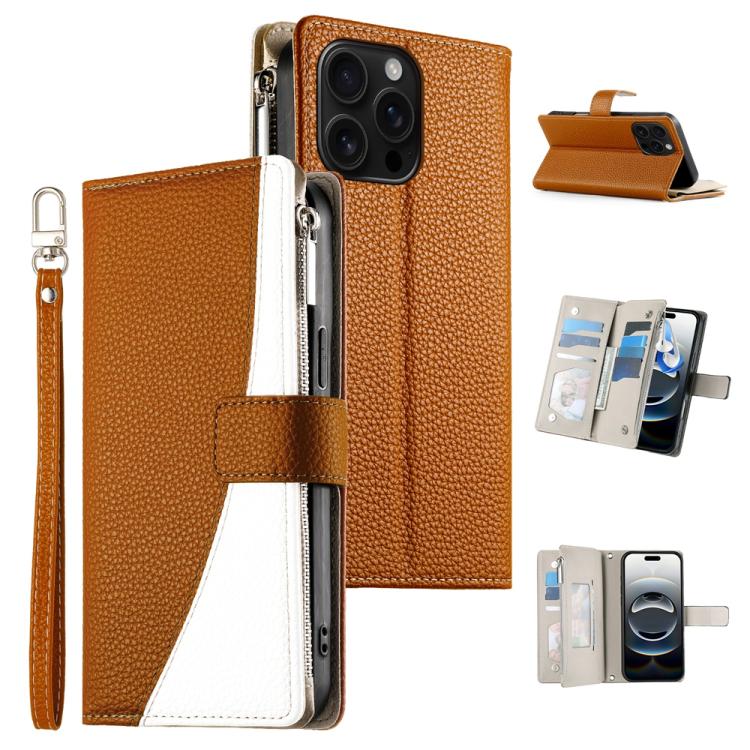 Stitching Multi-card Zipper Wallet Leather Phone Case with Short Strap, For iPhone 16e, For iPhone 16 Pro Max, For iPhone 16 Pro, For iPhone 16 Plus