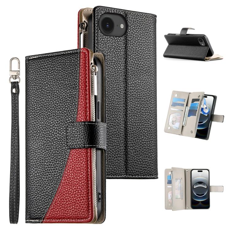Stitching Multi-card Zipper Wallet Leather Phone Case with Short Strap, For iPhone 16e, For iPhone 16 Pro Max, For iPhone 16 Pro, For iPhone 16 Plus