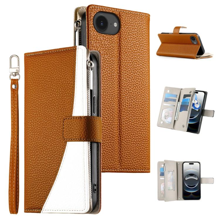 Stitching Multi-card Zipper Wallet Leather Phone Case with Short Strap, For iPhone 16e, For iPhone 16 Pro Max, For iPhone 16 Pro, For iPhone 16 Plus