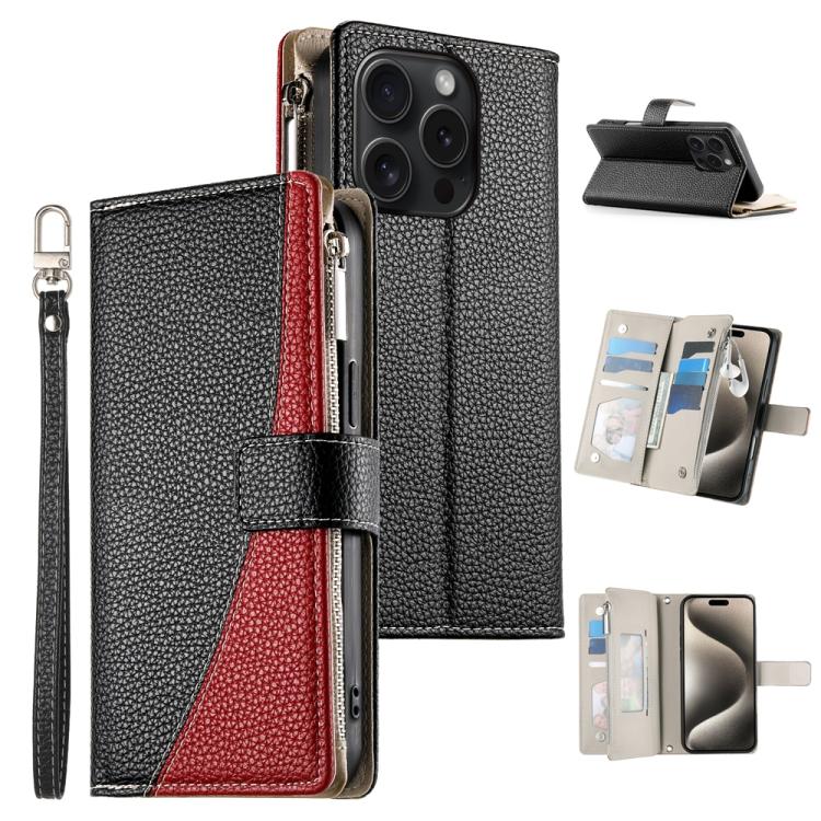 Stitching Multi-card Zipper Wallet Leather Phone Case with Short Strap, For iPhone 16, For iPhone 15 Pro Max, For iPhone 15 Pro, For iPhone 15 Plus