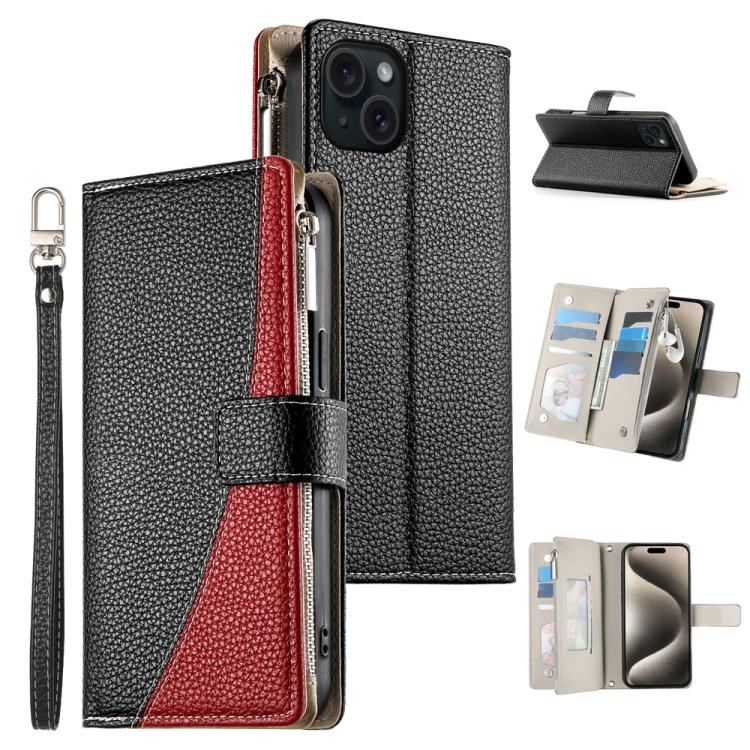 Stitching Multi-card Zipper Wallet Leather Phone Case with Short Strap, For iPhone 16, For iPhone 15 Pro Max, For iPhone 15 Pro, For iPhone 15 Plus