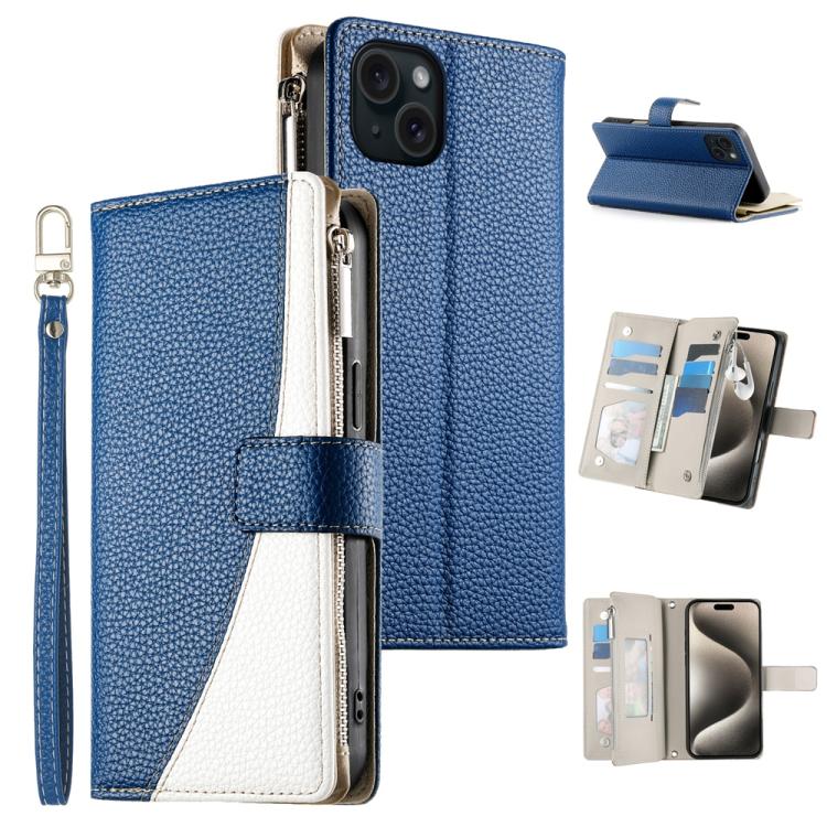 Stitching Multi-card Zipper Wallet Leather Phone Case with Short Strap, For iPhone 16, For iPhone 15 Pro Max, For iPhone 15 Pro, For iPhone 15 Plus