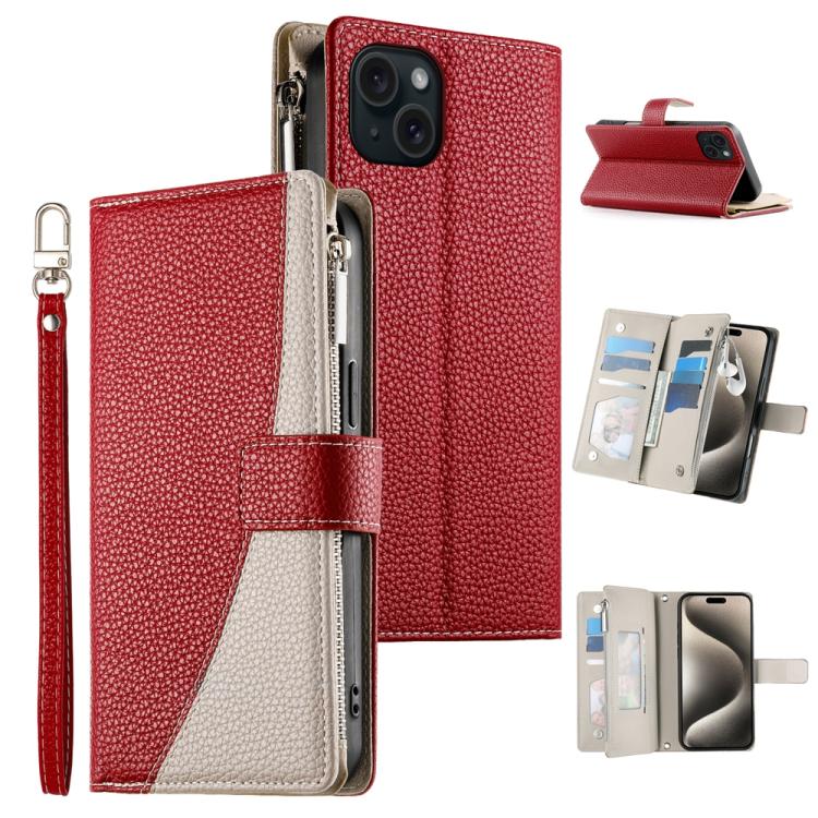 Stitching Multi-card Zipper Wallet Leather Phone Case with Short Strap, For iPhone 16, For iPhone 15 Pro Max, For iPhone 15 Pro, For iPhone 15 Plus