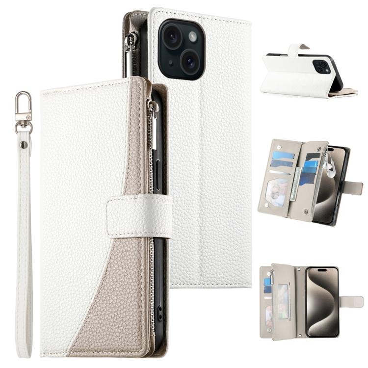 Stitching Multi-card Zipper Wallet Leather Phone Case with Short Strap, For iPhone 15, For iPhone 14 Plus, For iPhone 14 / 13, For iPhone 14 Pro