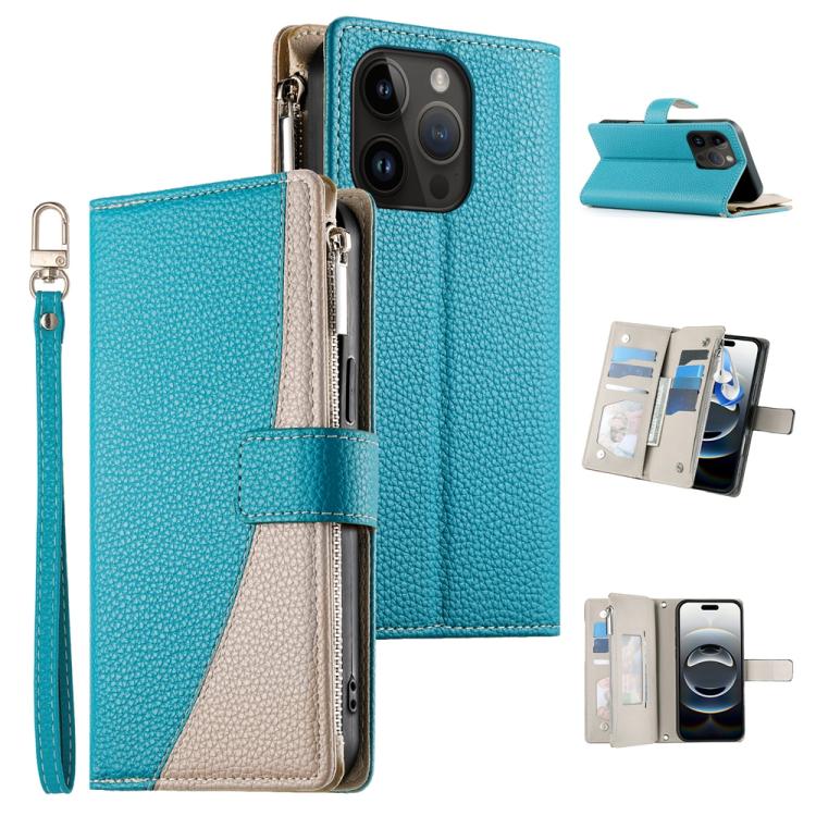 Stitching Multi-card Zipper Wallet Leather Phone Case with Short Strap, For iPhone 15, For iPhone 14 Plus, For iPhone 14 / 13, For iPhone 14 Pro