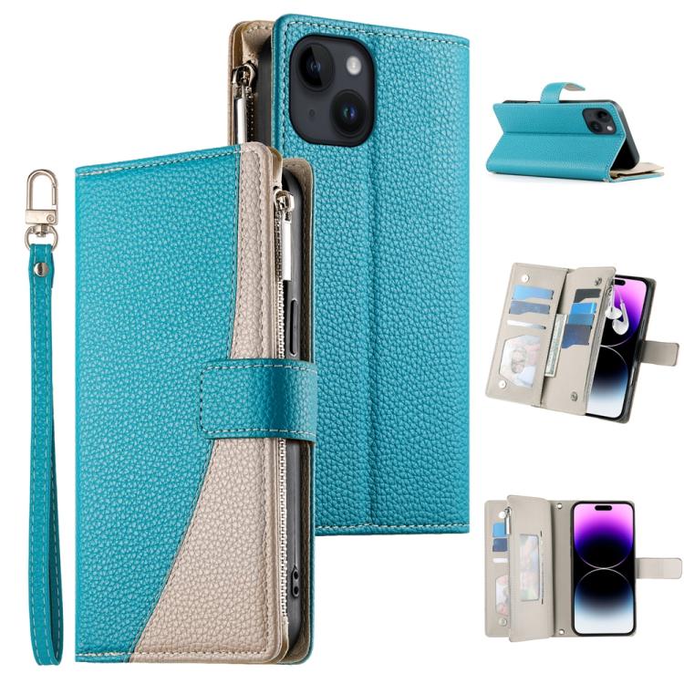 Stitching Multi-card Zipper Wallet Leather Phone Case with Short Strap, For iPhone 15, For iPhone 14 Plus, For iPhone 14 / 13, For iPhone 14 Pro