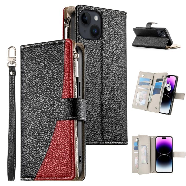 Stitching Multi-card Zipper Wallet Leather Phone Case with Short Strap, For iPhone 15, For iPhone 14 Plus, For iPhone 14 / 13, For iPhone 14 Pro