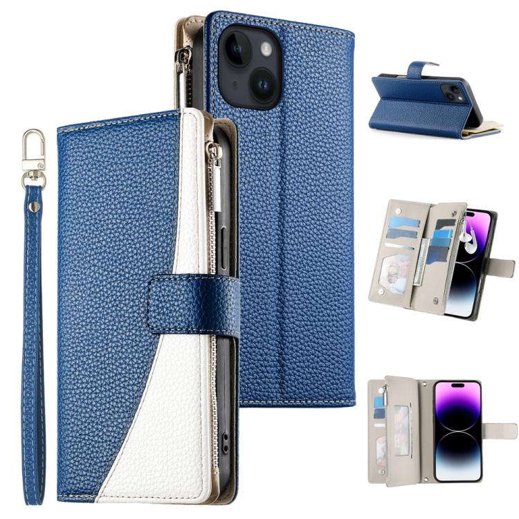 Stitching Multi-card Zipper Wallet Leather Phone Case with Short Strap, For iPhone 15, For iPhone 14 Plus, For iPhone 14 / 13, For iPhone 14 Pro