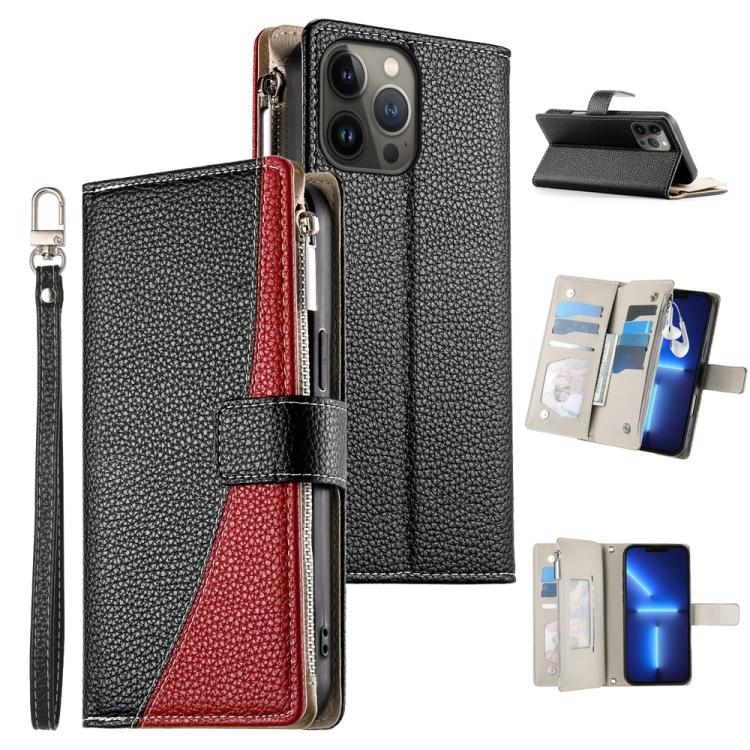 Stitching Multi-card Zipper Wallet Leather Phone Case with Short Strap, For iPhone 14 Pro Max, For iPhone SE 2022 / SE 2020 / 8 / 7, For iPhone 13 Pro Max, For iPhone 13 Pro