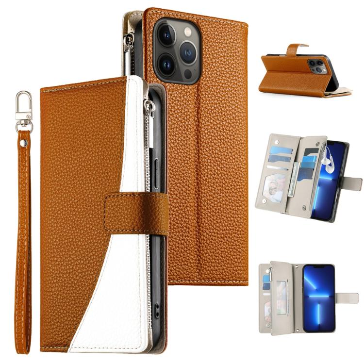 Stitching Multi-card Zipper Wallet Leather Phone Case with Short Strap, For iPhone 14 Pro Max, For iPhone SE 2022 / SE 2020 / 8 / 7, For iPhone 13 Pro Max, For iPhone 13 Pro