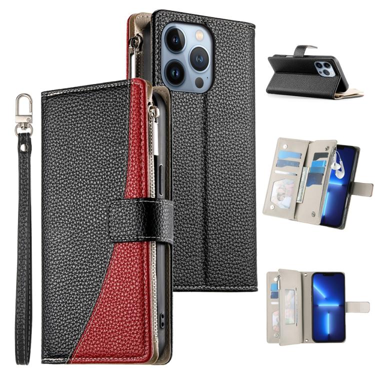 Stitching Multi-card Zipper Wallet Leather Phone Case with Short Strap, For iPhone 14 Pro Max, For iPhone SE 2022 / SE 2020 / 8 / 7, For iPhone 13 Pro Max, For iPhone 13 Pro
