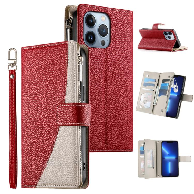 Stitching Multi-card Zipper Wallet Leather Phone Case with Short Strap, For iPhone 14 Pro Max, For iPhone SE 2022 / SE 2020 / 8 / 7, For iPhone 13 Pro Max, For iPhone 13 Pro