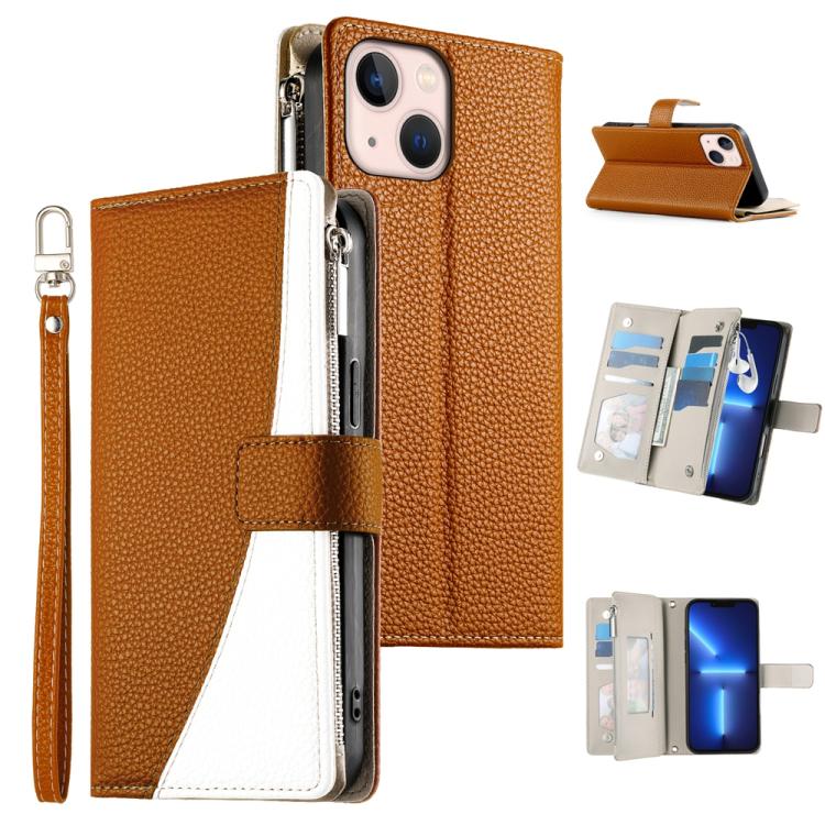Stitching Multi-card Zipper Wallet Leather Phone Case with Short Strap, For iPhone 13 mini, For iPhone 12 / 12 Pro, For iPhone 12 Pro Max, For iPhone 12 mini
